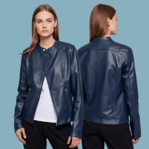 women's blue asymmetrical faux leather jacket