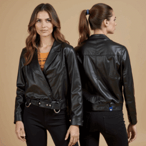women's black cropped faux leather jacket