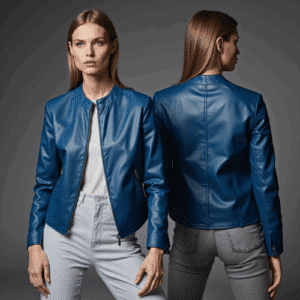 women's fitted blue faux leather jacket