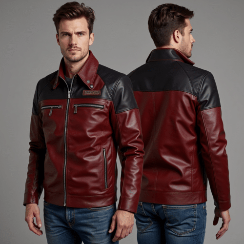 men's burgundy black faux leather jacket
