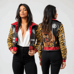 cropped tiger print leather jacket