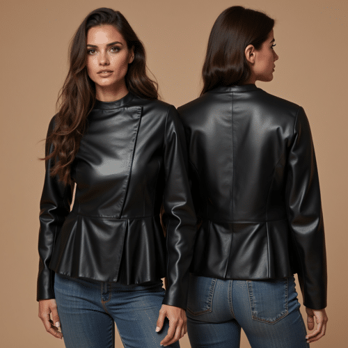 women's black faux leather jacket with peplum silhouette 1 women's black faux leather jacket