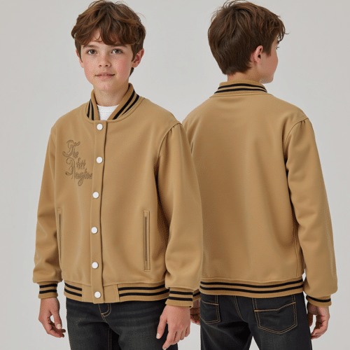 Camel tan varsity jacket embroidery | Left Chest Embroidery by Eton 1 Camel tan varsity jacket embroidery
