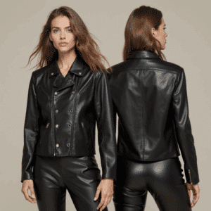 women's black faux leather jacket set