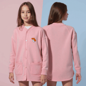 pink cardigan with pockets and embroidery