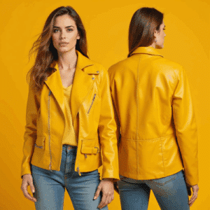 yellow faux leather biker jacket