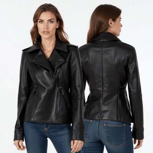 women's black leather jacket with asymmetrical zip and structured seams 1 women's black leather jacket