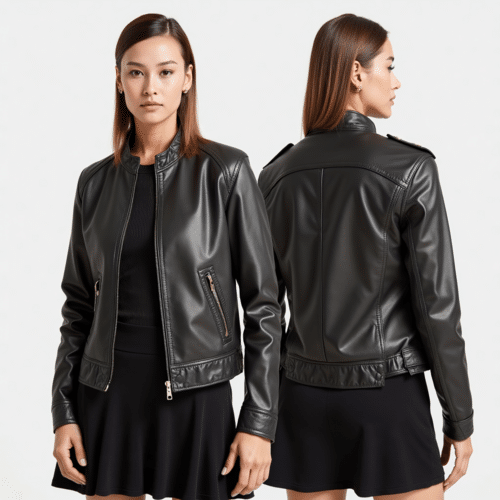 women's black faux leather jacket with Front Dual-Zip & Biker Details 1 women's black faux leather jacket