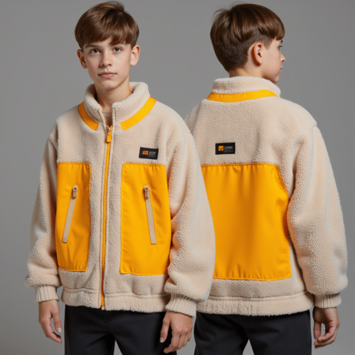 Kids Fleece Zip-Up Jacket Yellow Panels – OEM By Eton Garment 1 Kids fleece zip-up jacket yellow panels