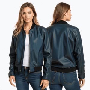 teal faux leather bomber jacket