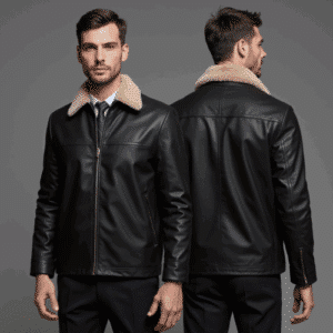 black leather jacket with shearling collar