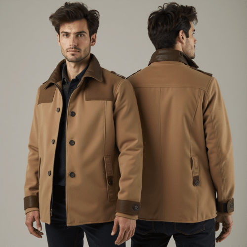 Men's camel brown leather collar jacket 1 Men's camel brown leather collar jacket