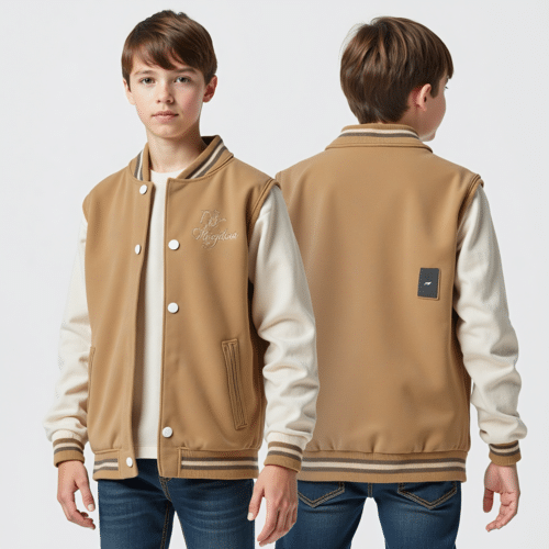 Youth-sized varsity jacket tan body - OEM by Eton 1 Youth-sized varsity jacket tan body