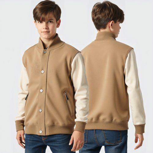 two-tone varsity jacket for boys - Camel body sleeves 1 two-tone varsity jacket for boys