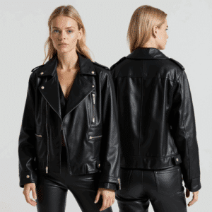 glossy black faux leather biker jacket