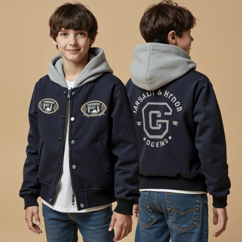 navy hooded varsity jacket with patches - OEM by Eton Garment 1 navy hooded varsity jacket with patches