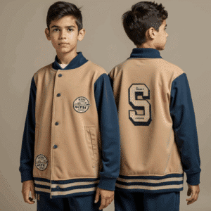 youth varsity jacket camel navy