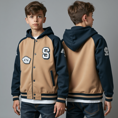 youth varsity hooded jacket - Tan & Navy Dual-Tone 1 youth varsity hooded jacket