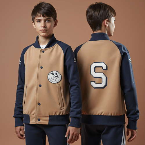 Youth camel navy varsity jacket Dual-Tone S Back 1 youth camel navy varsity jacket
