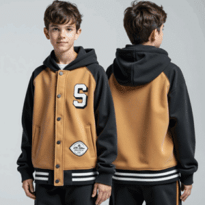 youth varsity hooded jacket tan black