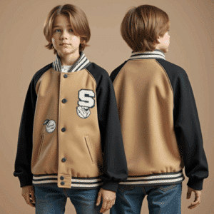 tan body black sleeves varsity jacket