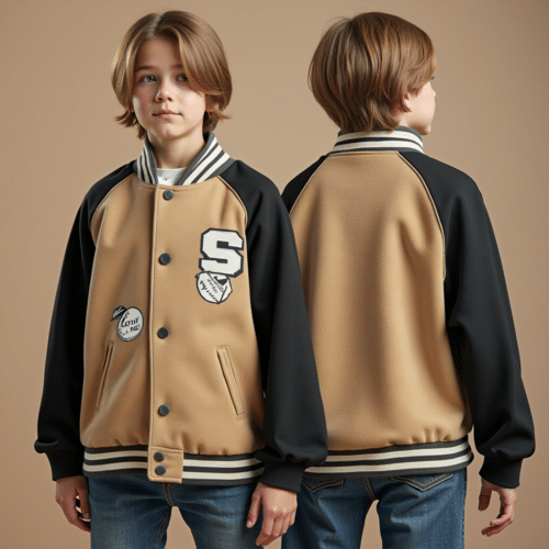 tan body black sleeves varsity jacket - Eton OEM 1 tan body black sleeves varsity jacket