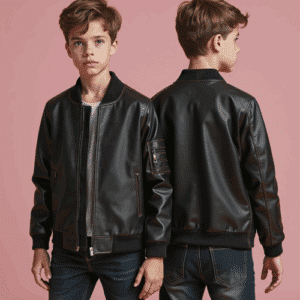 kids black faux leather bomber jacket