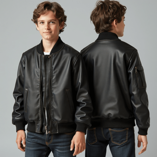 Youth Black Bomber Jacket (Synthetic Leather) 1 youth black bomber jacket
