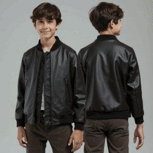 boys black faux leather bomber jacket
