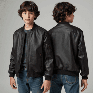 boys black faux leather bomber jacket