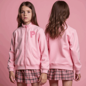 pink fleece jacket with plaid skirt