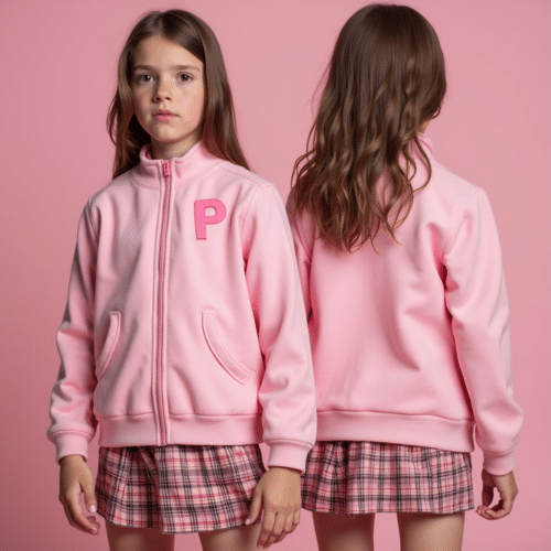 pink fleece jacket with plaid skirt