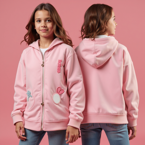 pink kids hooded zip-up jacket with Princess embroidery 1 pink kids hooded zip-up jacket