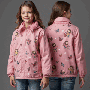 pink girls jacket with cartoon prints