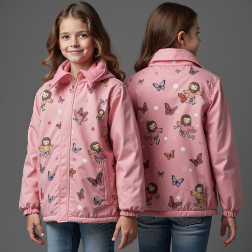 Pink Girls Jacket with Cartoon Prints 1 pink girls jacket with cartoon prints