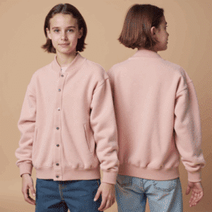 pink fleece varsity jacket with snaps