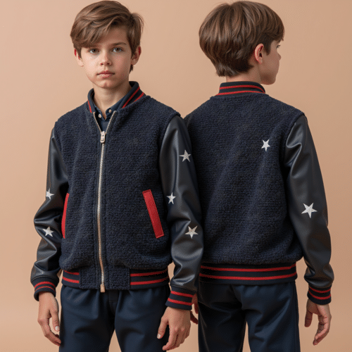 kids bomber jacket with star patches - navy fleece with red accents 1 kids bomber jacket with star patches