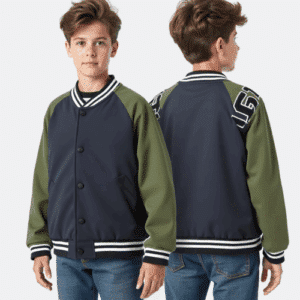 navy varsity jacket with olive sleeves