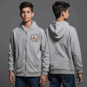 light grey zip hoodie with graphic
