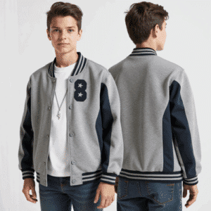 light gray navy varsity jacket