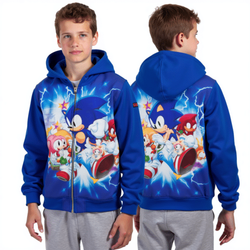 Blue Sonic themed full-zip hoodie with Sonic graphics 1 Blue Sonic themed full-zip hoodie