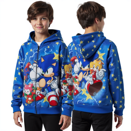 Sonic graphic hoodie for kids Blue Zip Hoodie with Sonic Prints 1 Sonic graphic hoodie for kids