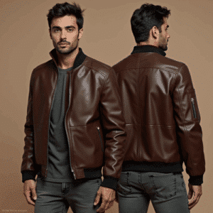 men's brown faux leather bomber jacket