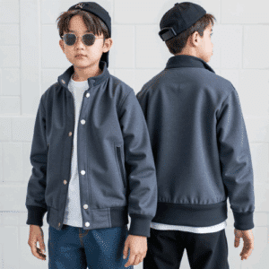 dark grey varsity jacket snap collar