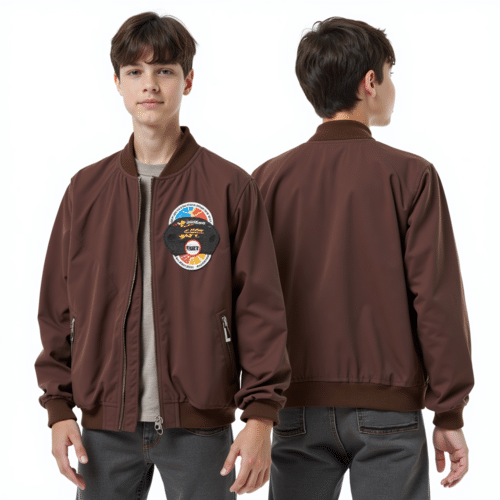Brown Bomber Jacket With Patch 1 brown bomber jacket with patch