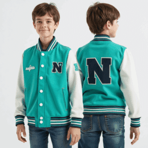turquoise white letterman jacket for kids