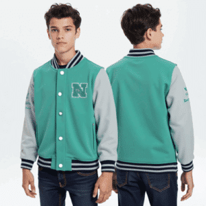 youth teal varsity jacket with embroidery