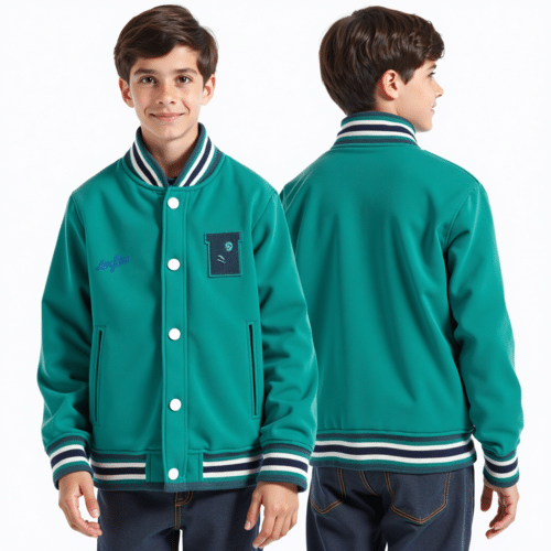 Teal Kids Varsity Jacket by Eton Garment 1 teal kids varsity jacket