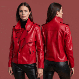 women's red faux leather jacket
