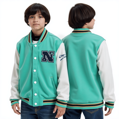 Teal varsity jacket with N patch - Eton Garment 1 teal varsity jacket with N patch